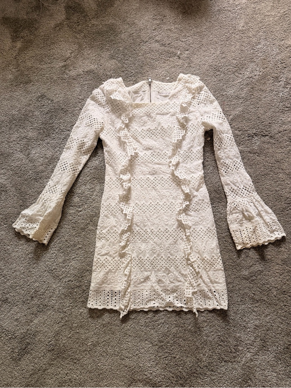 Ministry of Style White Eyelet Lace Mini Dress | Ruffle Bell Sleeve | US 6 AU10